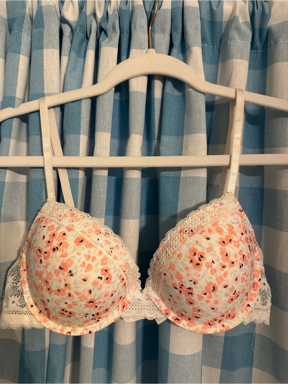 Laura Ashley White Bra with Coral Floral Print and Lace Trim